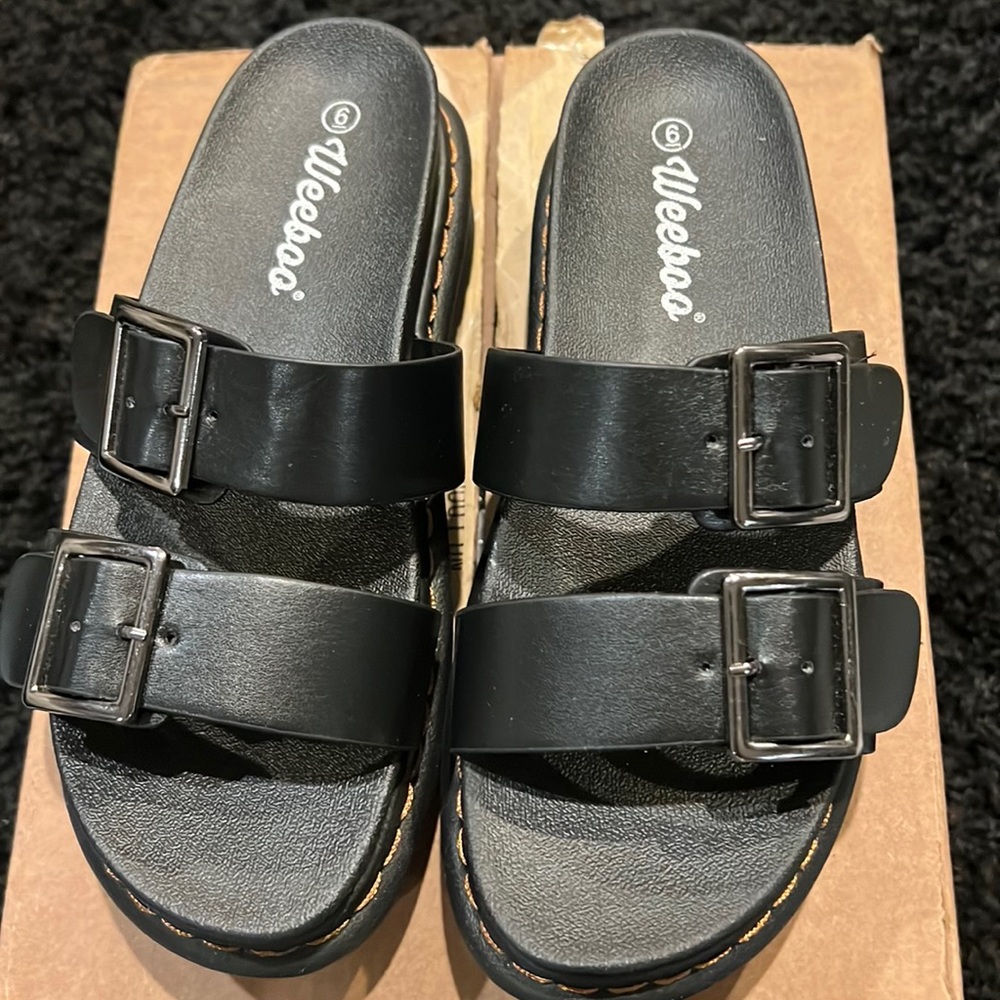 Miss Lola, Flatform Sandals, Black, Size 6